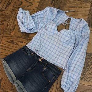 Blue Checkered Long Sleeve Crop Top